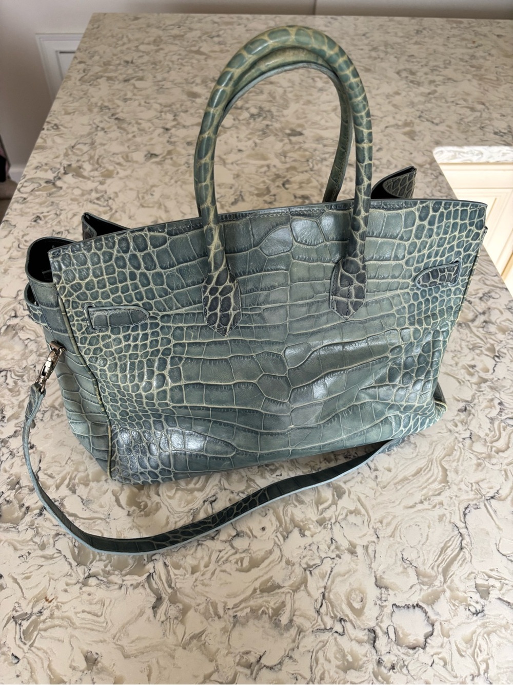 Birkin Designer-Style Croc Embossed Tote Bag in Teal Green - Picture 5 of 10
